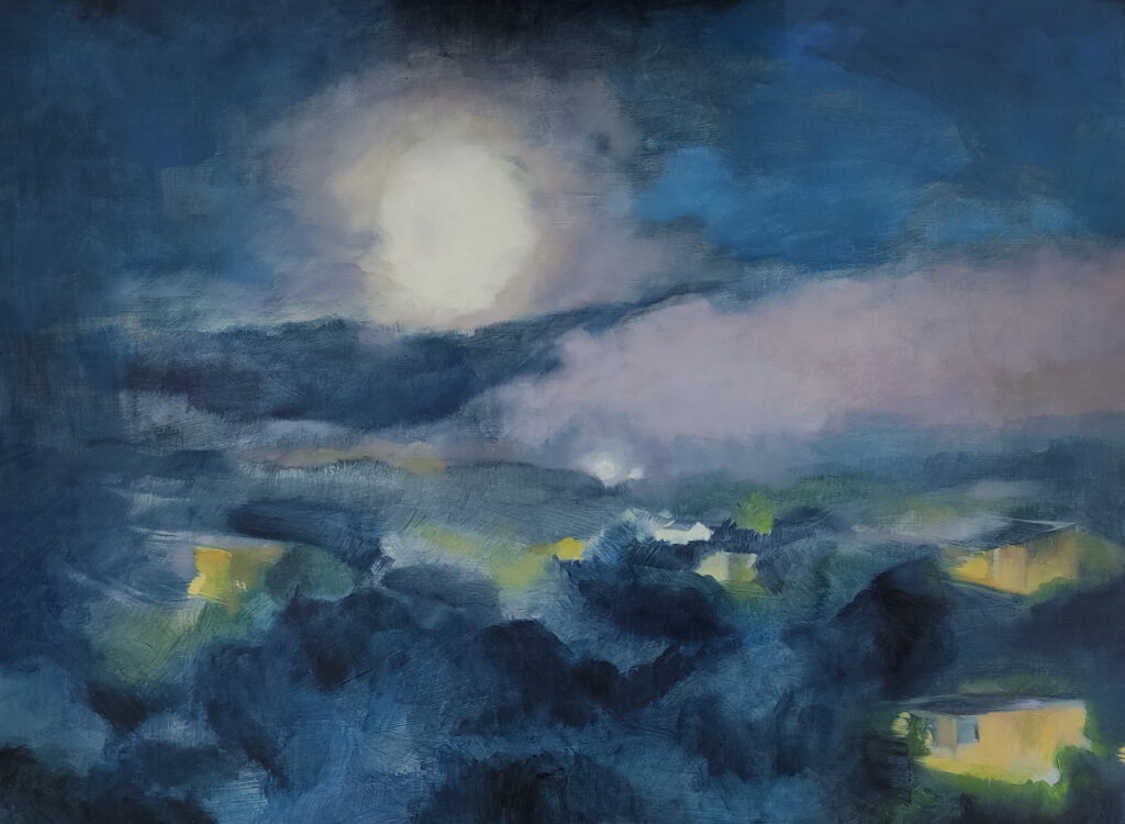 Luna llena, obra original de Leonor Bautista, óleo. Obra disponible para licencia editorial.