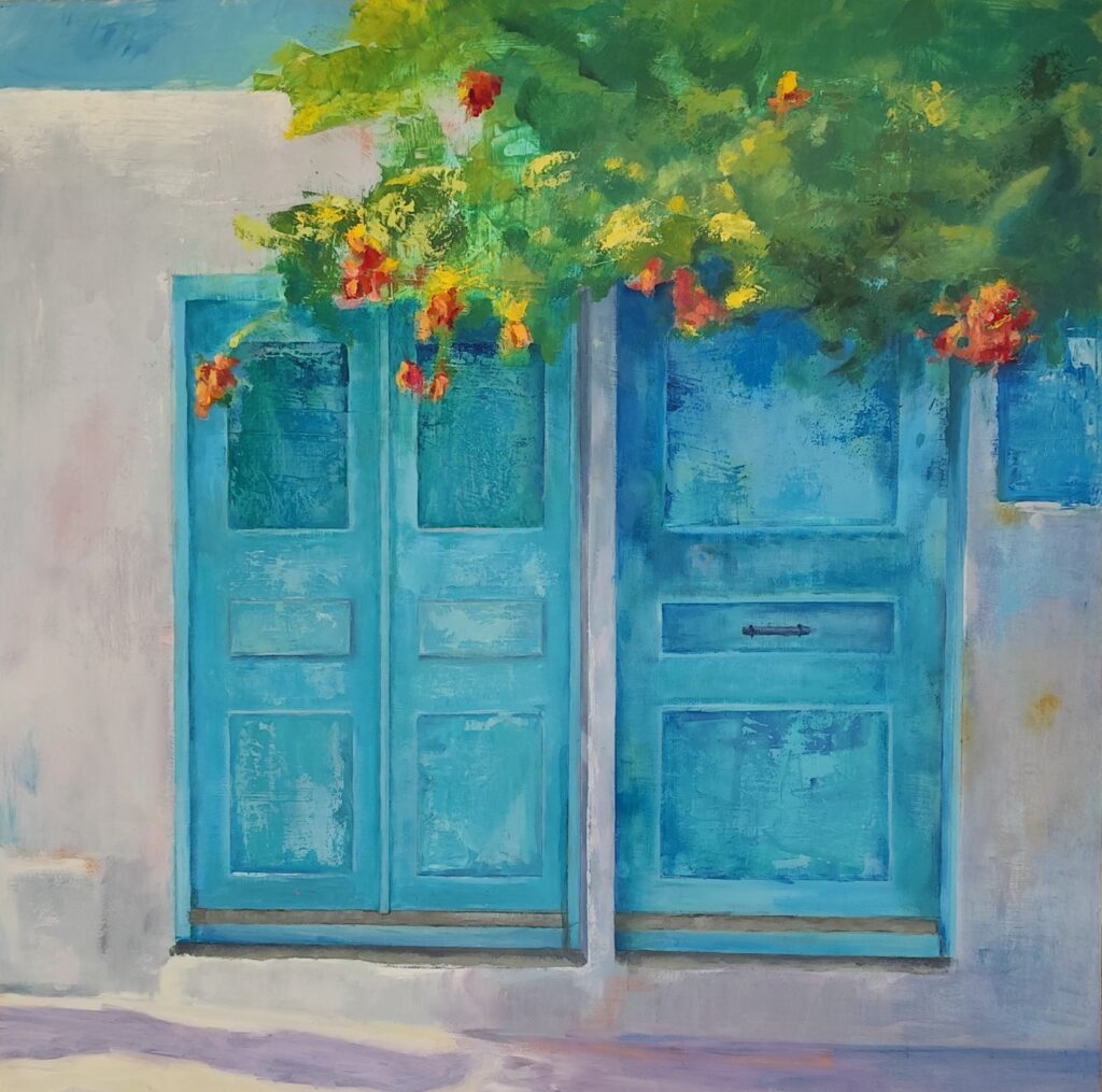 Puertas azules.
Acrílico y óleo sobre tabla. 60 x 60 cm.  - 200 €